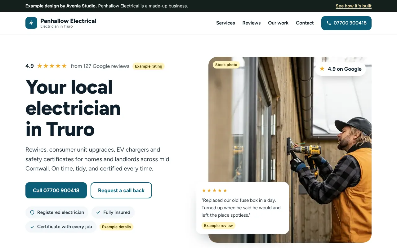 The example electrician's website on a laptop